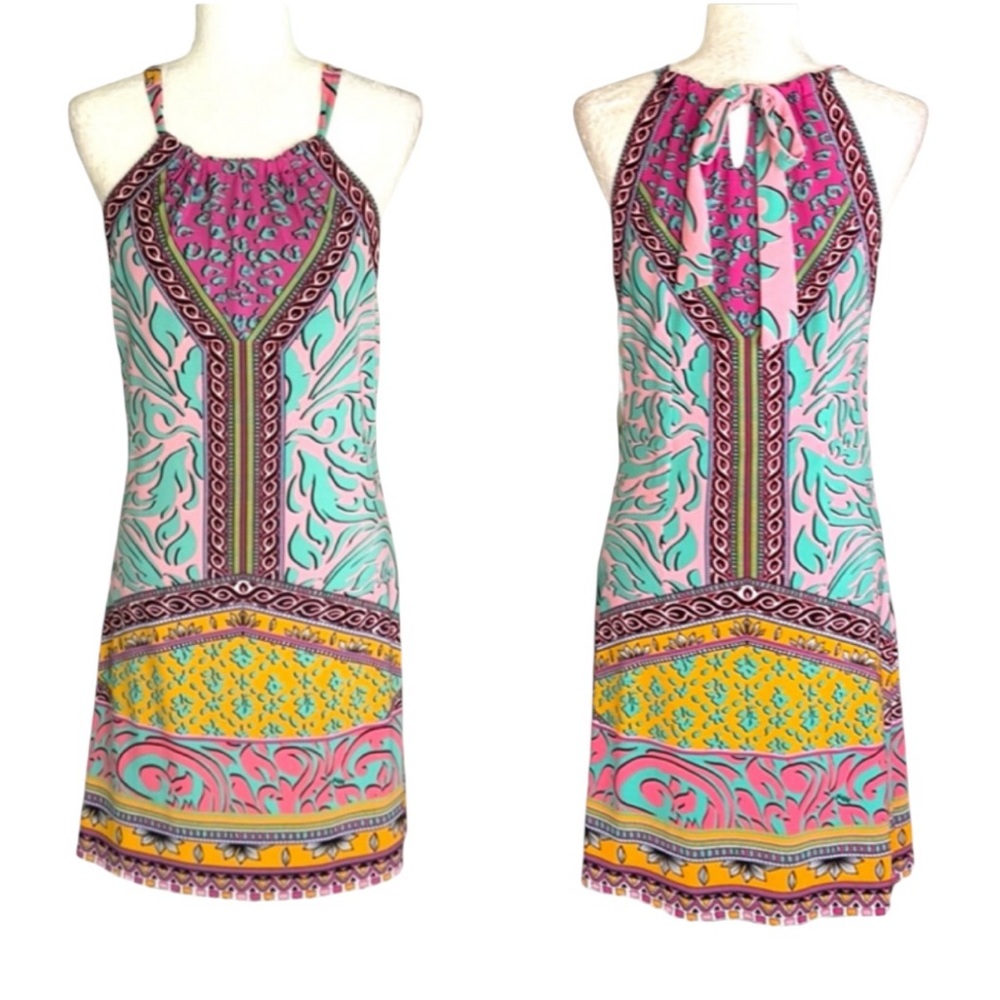 Hale Bob Multicolored Animal Floral Mixed Print Tie Neck Halter Mini Dress - XS
